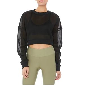 Alo Yoga Row Long Sleeve Meshed Sheer Oversized Cropped Ribbed Top BLACK